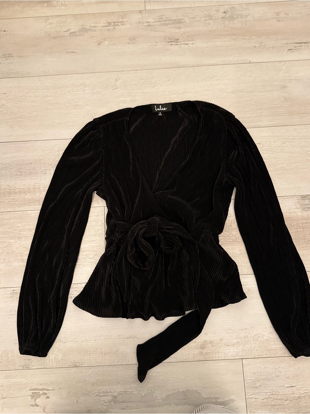 Lulu's Black Velvet Wrap Blouse with Waist Tie
